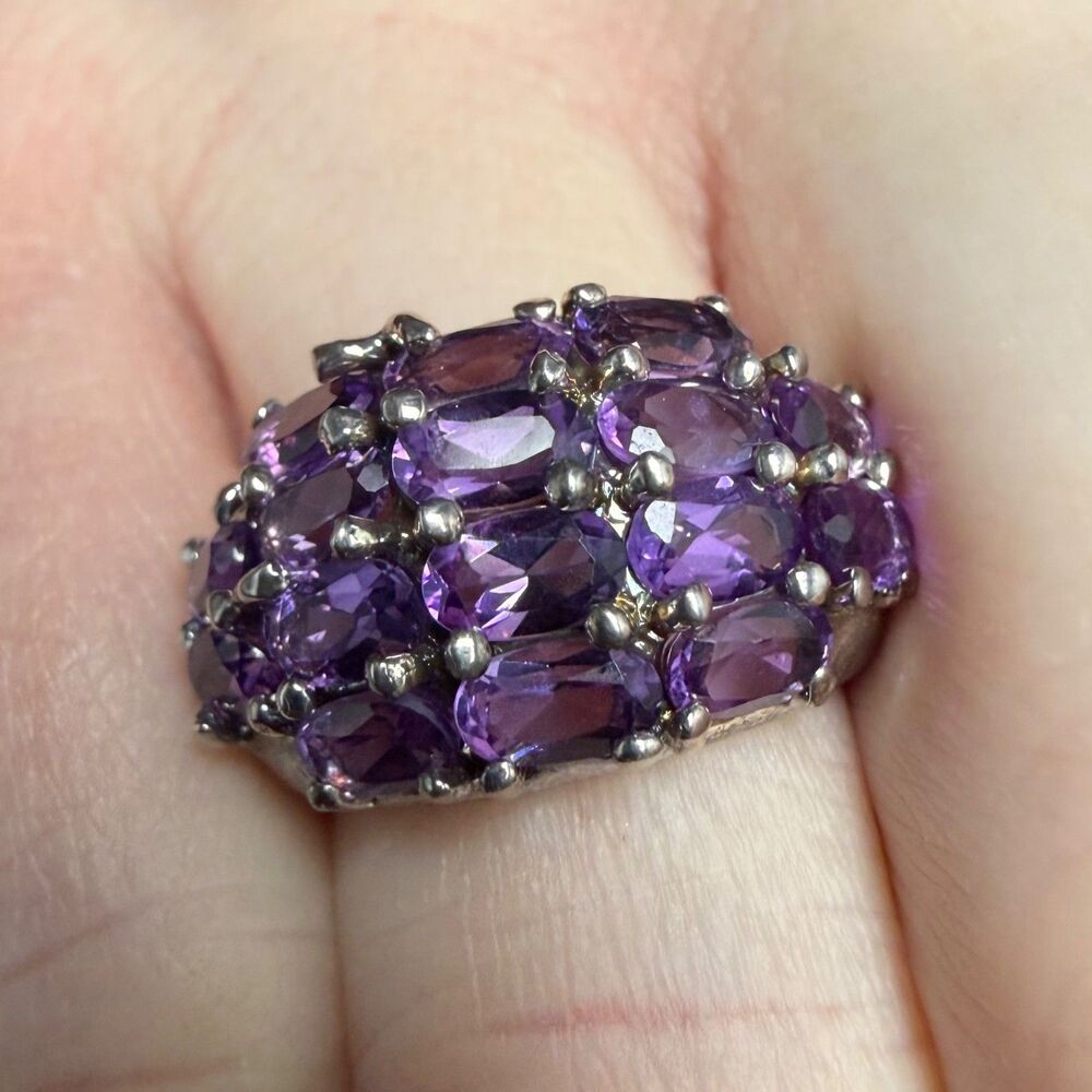 Vintage 925 Sterling Silver Oval Amethyst Cluster Ring Size 5.5 Dome Band 6.9g